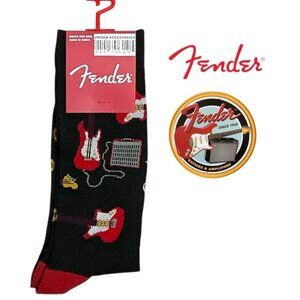 Fender Guitar Crew Socks Novelty Fun Print Mid Calf Black Red Unisex Men 7-12